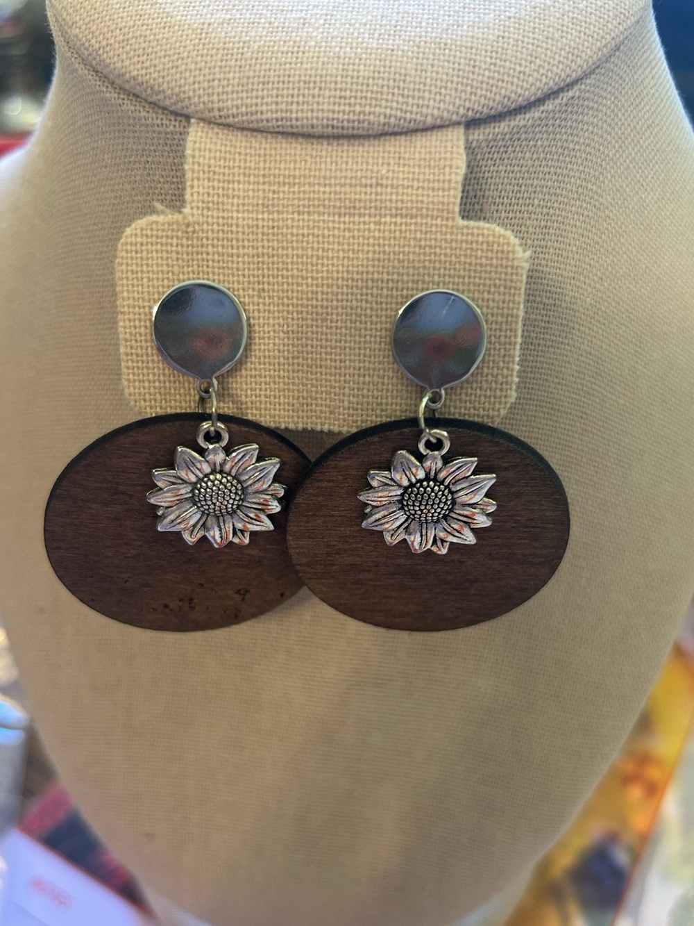 Silver Sunflower Wooden Drop Earrings - Brown